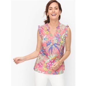 Talbots XL Ruffle Trim Split Neck Shell Pink Tropical Parrot Floral Cotton Top